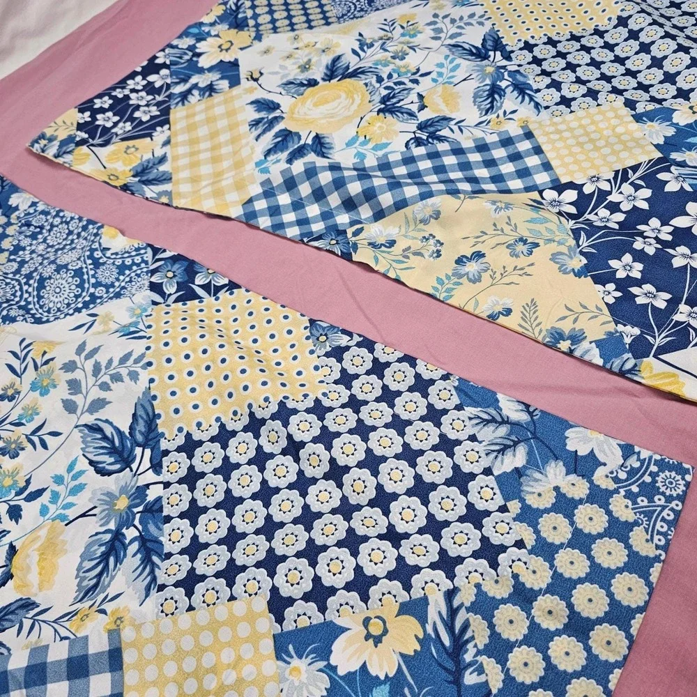 VTG Gold Coast Blue Yellow Floral Gingham Polyester Pillow Cover Set 2 Farmhouse